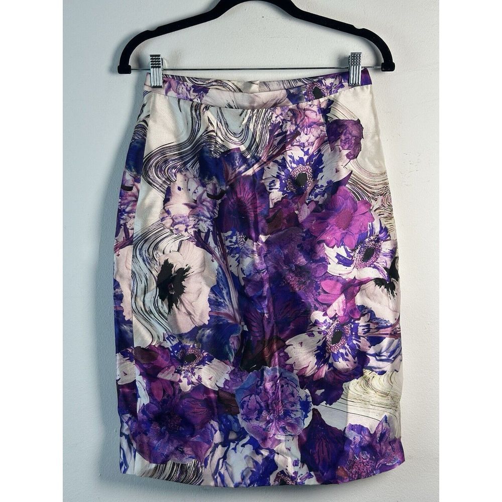 NWT Prabal Gurung Cream & Purple Silk Abstract Patterned Pencil Skirt US 6 $900